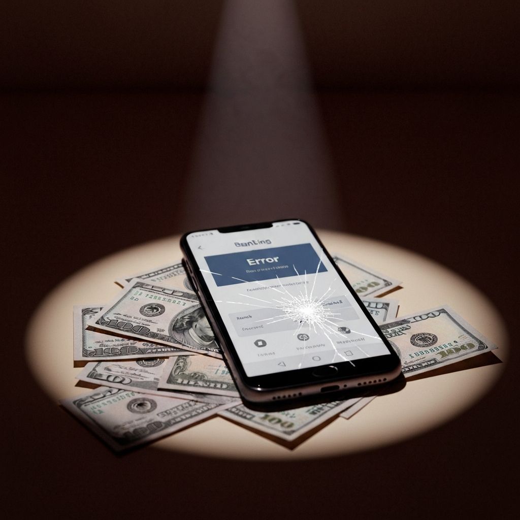 A cracked smartphone lying on a pile of dollar bills, a satirical still life
