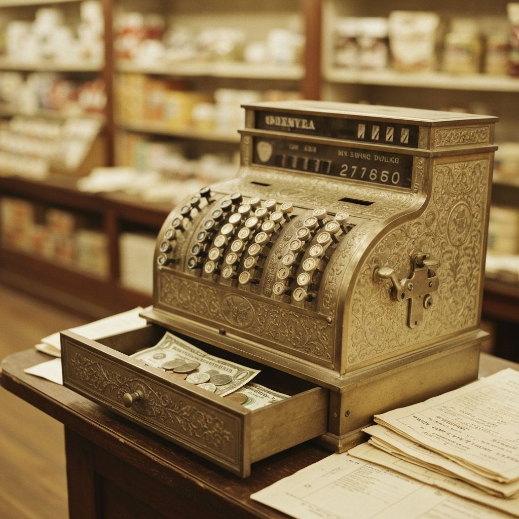 An antique brass mechanical cash register with its drawer full of dollar bills