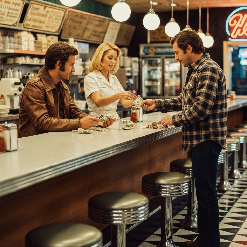 A vintage diner scene where a man pays with cash at the counter